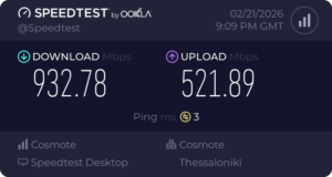 Cozy Houses One Apartment with Hydromassage tub and Terrace near city center (Karatasou 6, Kavala) 2 Speedtest result 1Gbps download 500Mbps upload Cozy Houses One Apartment Fast Internet Connection